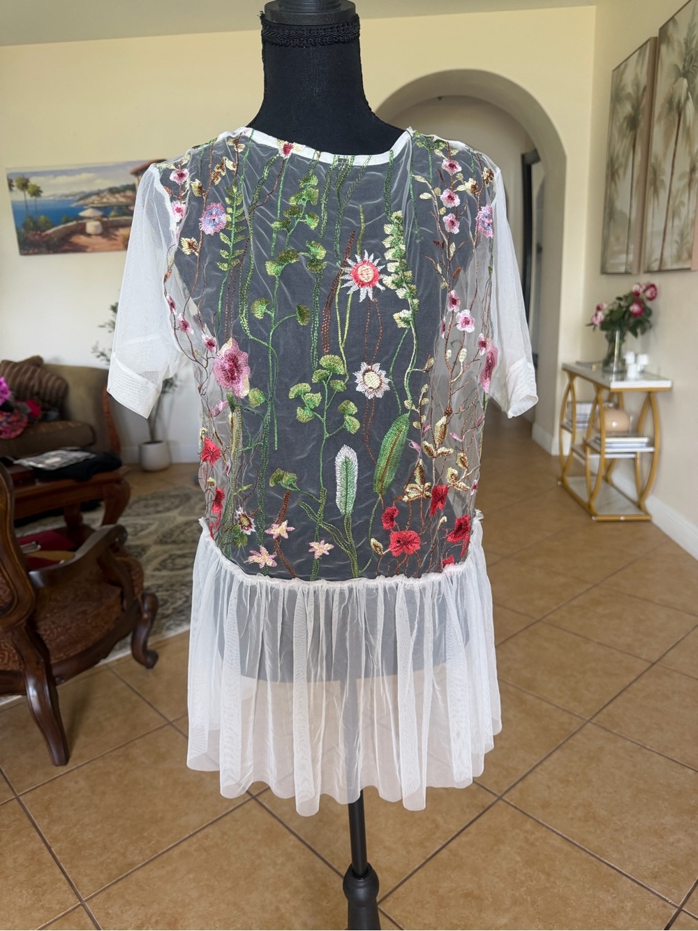Floral Embroidered White Mesh top